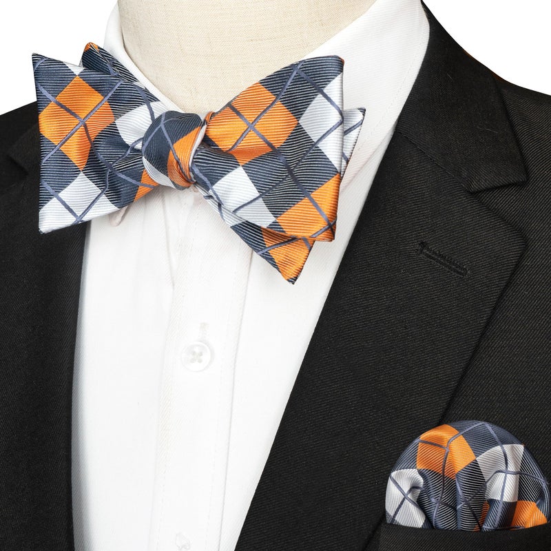 JEMYGINS Original Plaid Mens Bowtie Self Bow Tie & Pocket Square Set (01#11) - Image 2